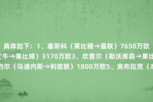 具体如下:1、塞斯科(莱比锡→曼联)7650万欧2、塞斯科(萨尔茨堡红牛→莱比锡)3170万欧3、坎普尔(勒沃库森→莱比锡)2000万欧4、比约尔(乌迪内斯→利兹联)1800万欧5、奥布拉克(本菲卡→马竞)1600万欧6、汉达诺维奇(乌迪内斯→国米)1500万欧7、扎霍维奇(波尔图→奥林匹亚科斯)1350万欧8、坎普尔(萨尔茨堡红牛→多特)1200万欧9、坎普尔(多特→勒沃库森)1100万欧10、伊利契奇(巴勒莫→佛罗伦萨)900万欧 体育赛事直播